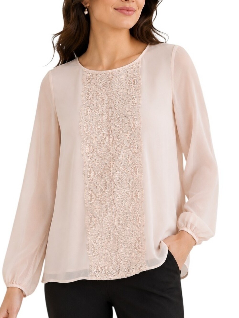 White House Black Market Blouse Size 8 Blush Pink Lace Front Sheer Sleeve Flowy